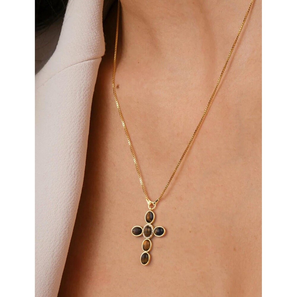 Faux Tiger eye Chunky cross pendant and box chain necklace 18” Healing Jewelry